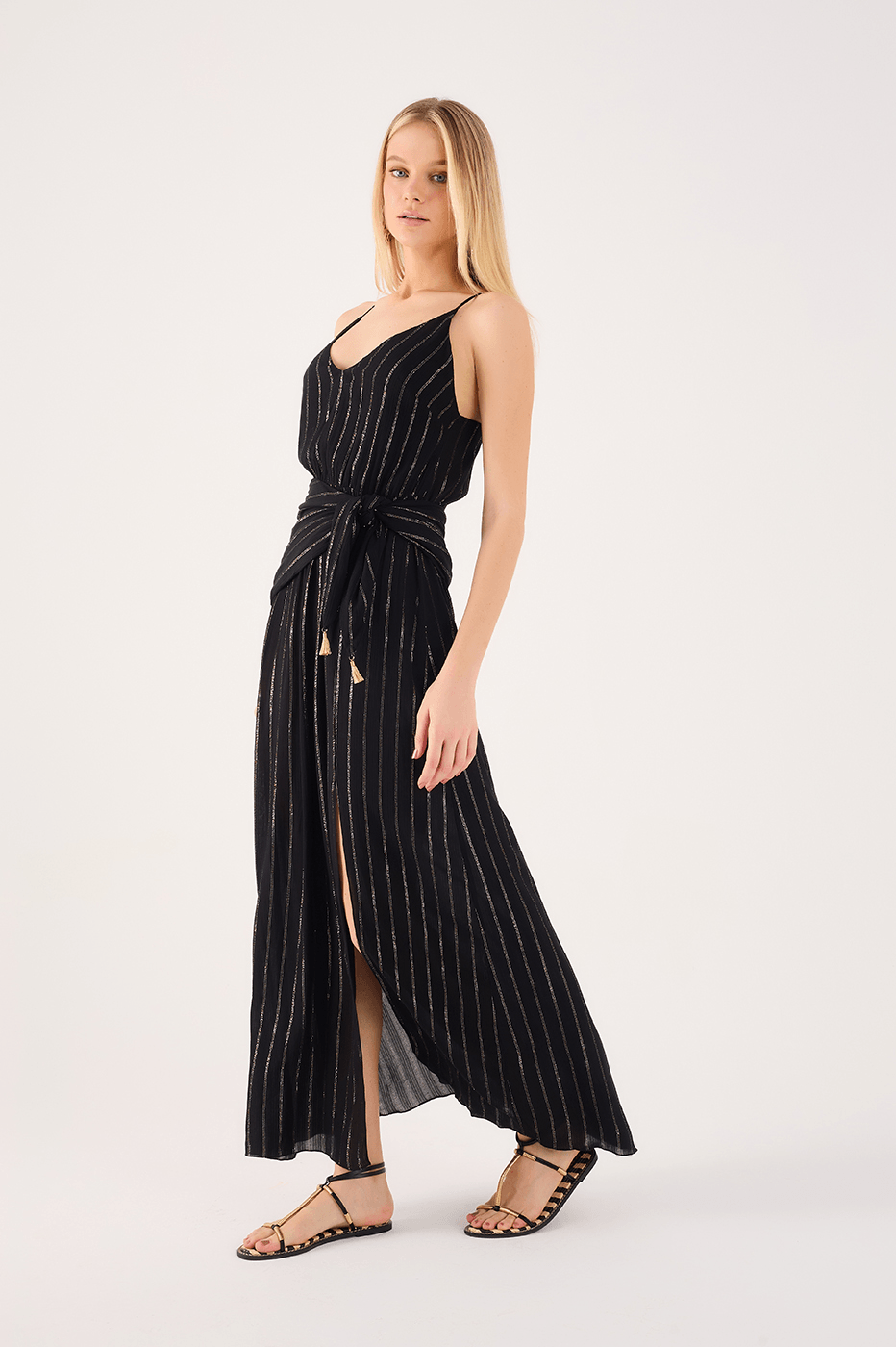 Long Lurex Tie-Bodice Dress