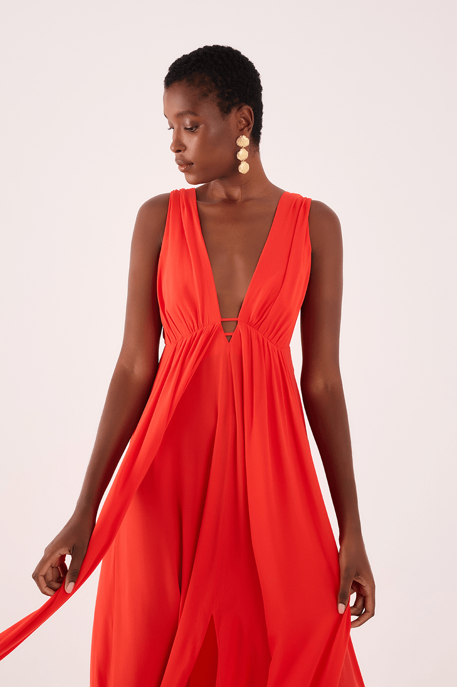 Long Crepe Overlap-Skirt Dress