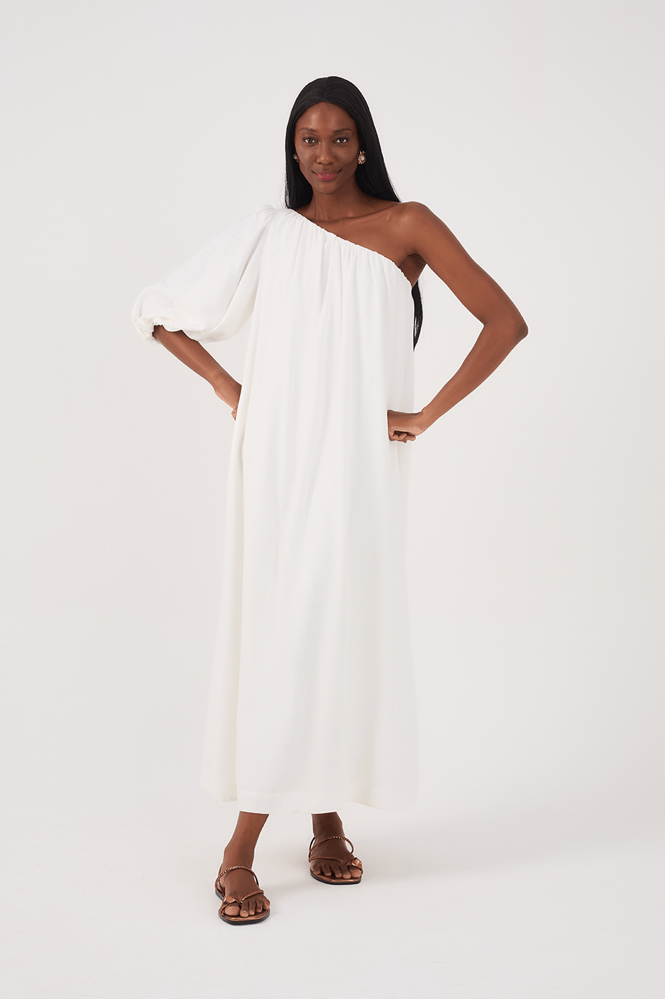 One Shoulder Linen Midi Dress