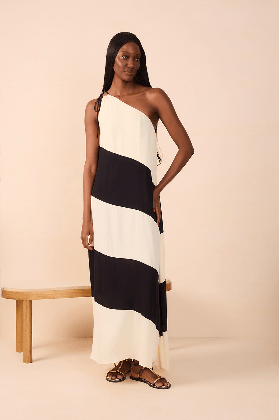 Beige and Black Crepe Maxi Dress with Cutouts