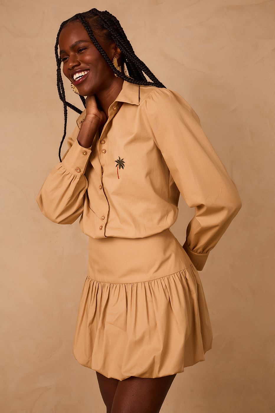 Embroidered Balloon Shirt Dress