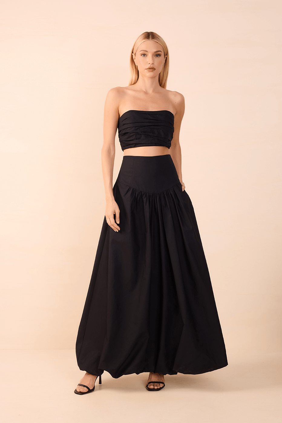 Black Draped Top and Balloon Skirt Set