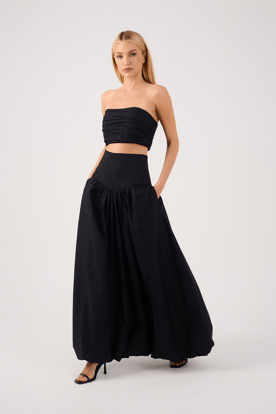 Black Draped Top and Balloon Skirt Set
