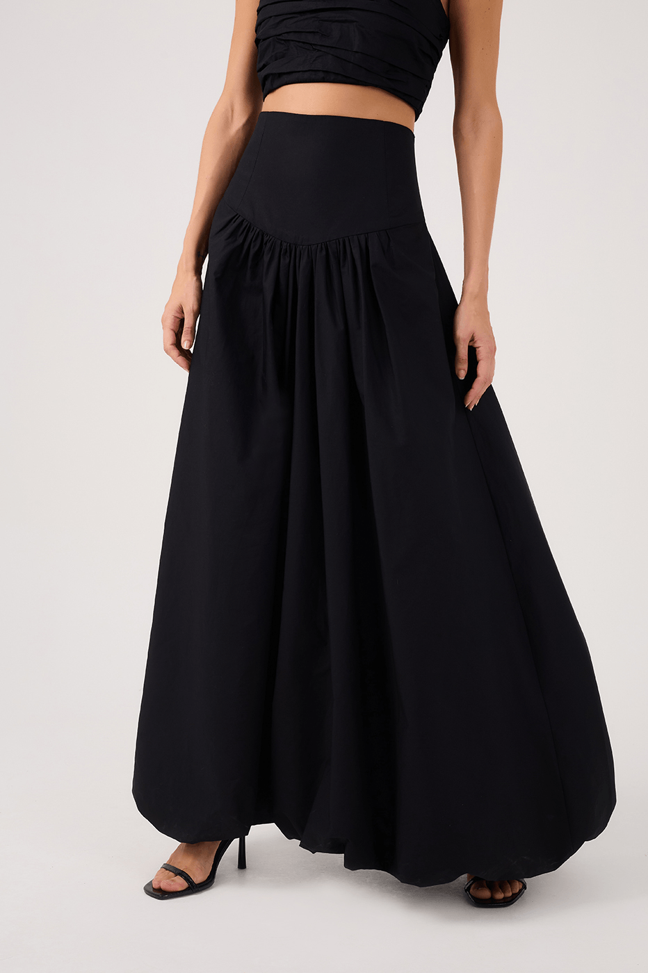 Black Draped Top and Balloon Skirt Set