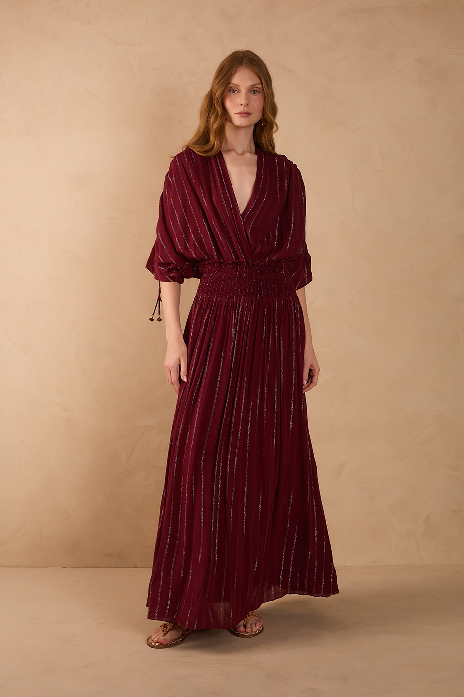 Wine Bossa Lurex  Sleeve Maxi Dress