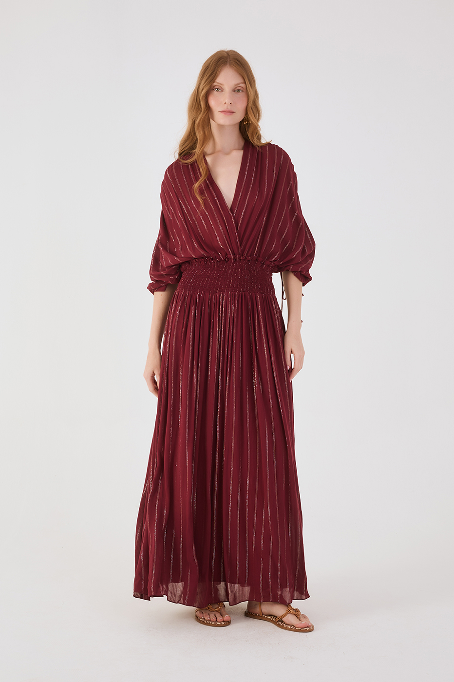 Wine Bossa Lurex  Sleeve Maxi Dress