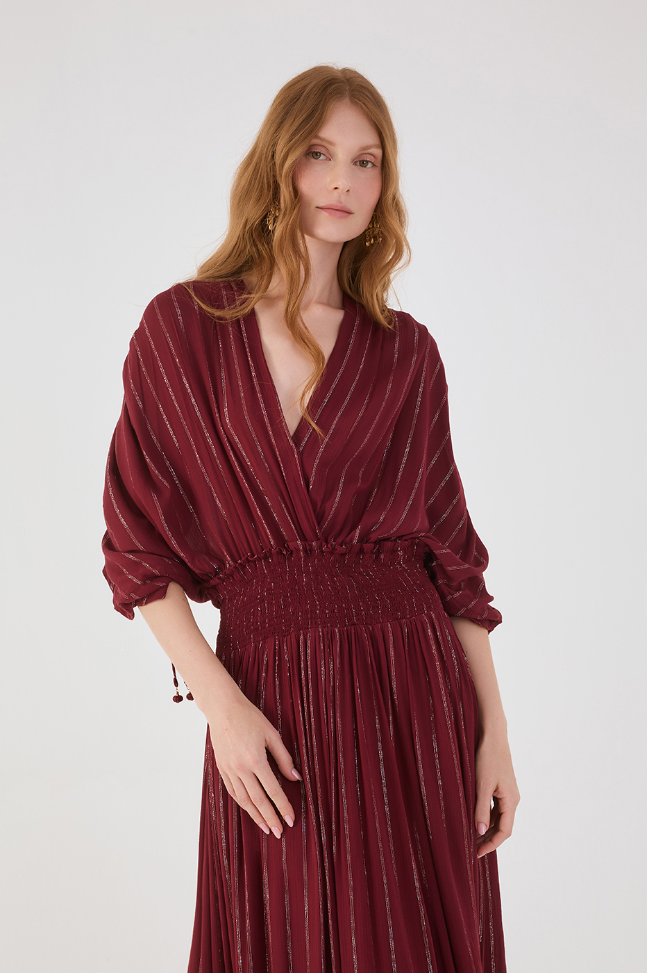 Wine Bossa Lurex  Sleeve Maxi Dress