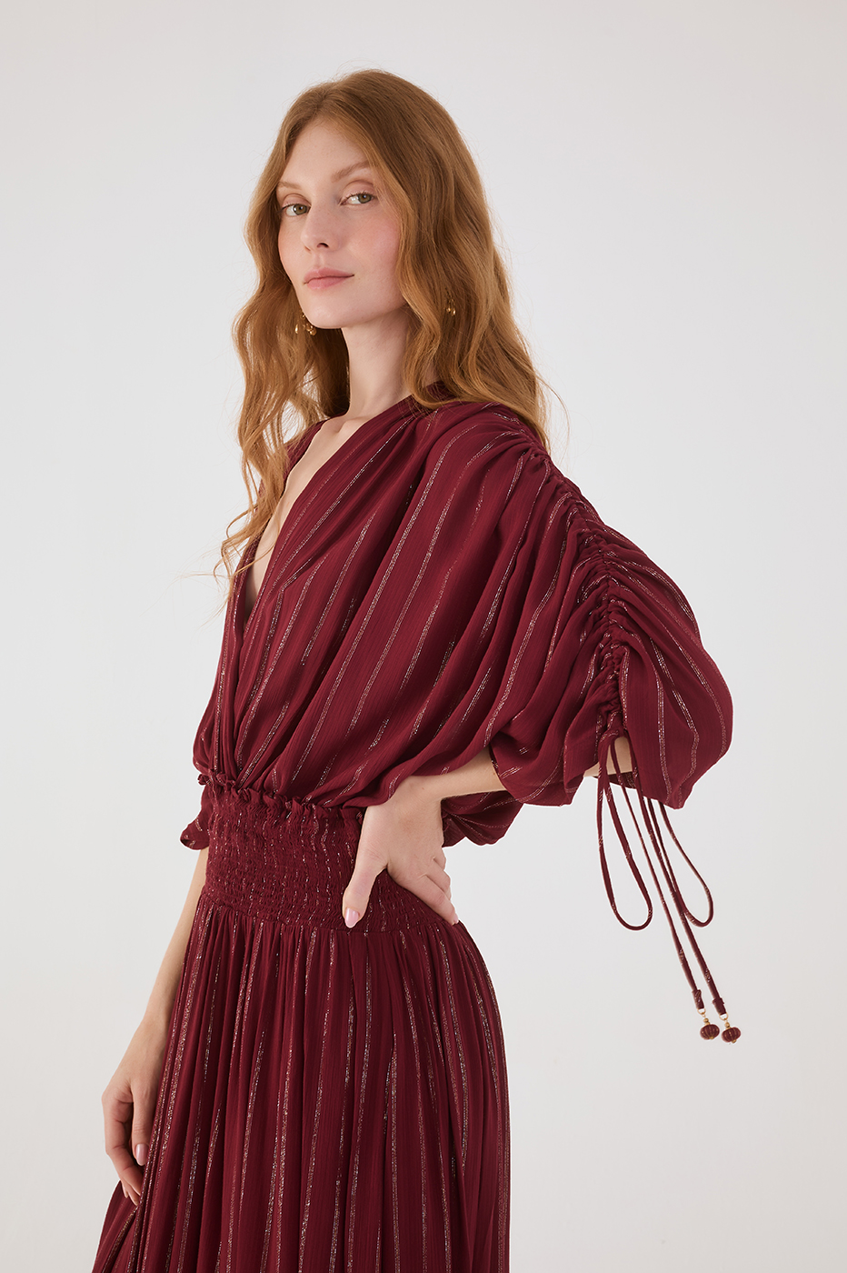 Wine Bossa Lurex  Sleeve Maxi Dress