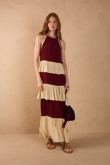 Wine Bossa And Off-White Rope Ties Layered Maxi Dress