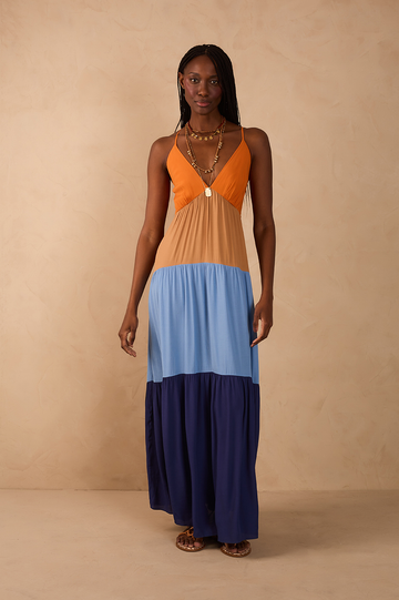 Multicolor V Neck Adjustable Straps Tiered Crepe Maxi Dress