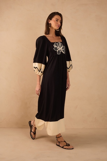 Black Embroidered Flower Square Neck Puff Sleeve Maxi Dress