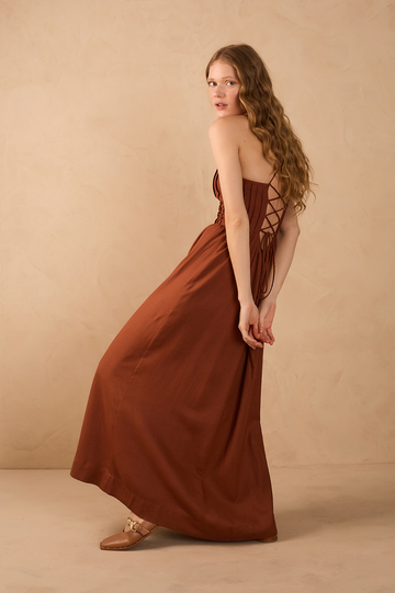 Brown Mate Square Neck Sleeveless Seam Bodice Back Ties Maxi Dress