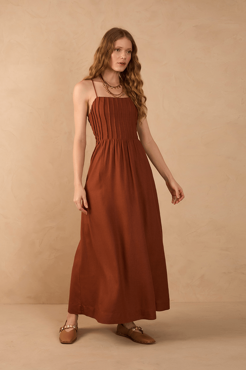 Brown Mate Square Neck Sleeveless Seam Bodice Back Ties Maxi Dress