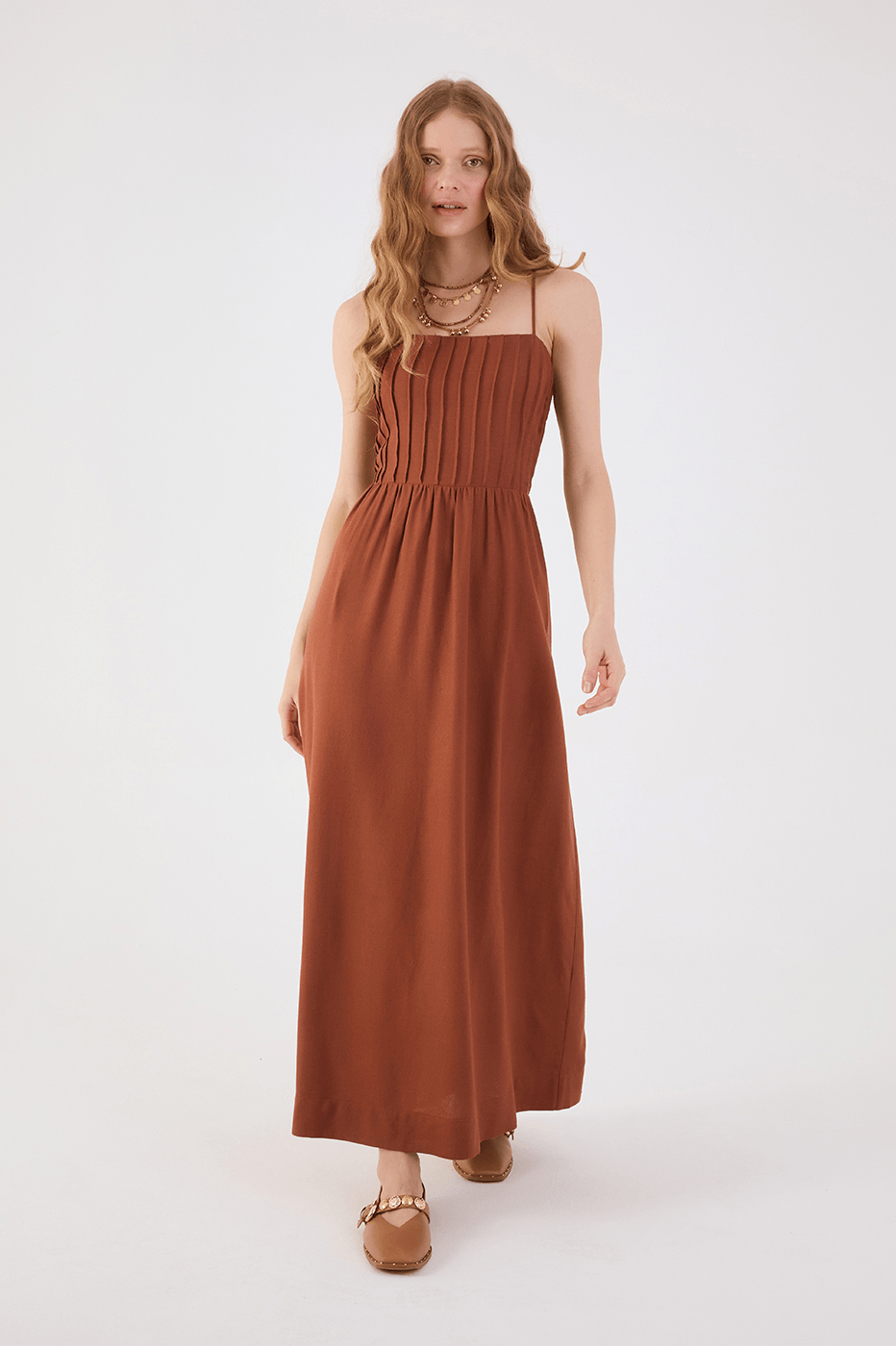 Brown Mate Square Neck Sleeveless Seam Bodice Back Ties Maxi Dress