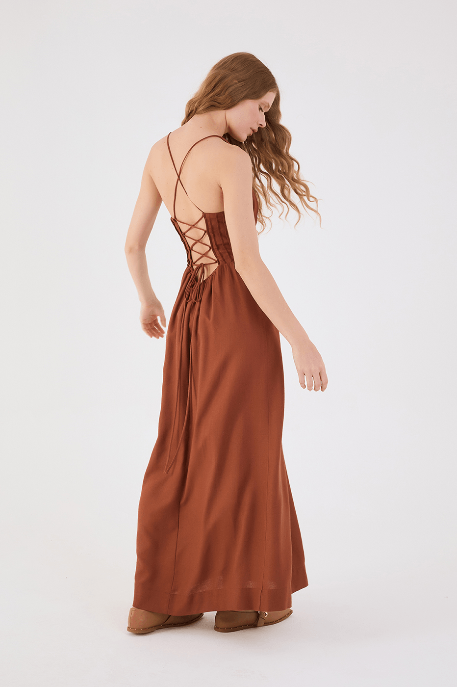 Brown Mate Square Neck Sleeveless Seam Bodice Back Ties Maxi Dress