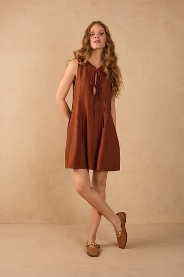 Brown Mate Pleats Front Ties Sleeveless Linen Mini Dress