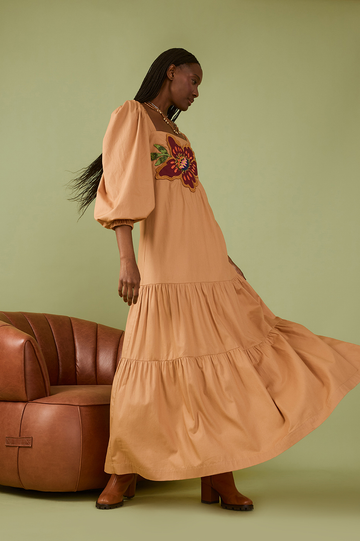 Beige Garden Embroidered Cotton Dress