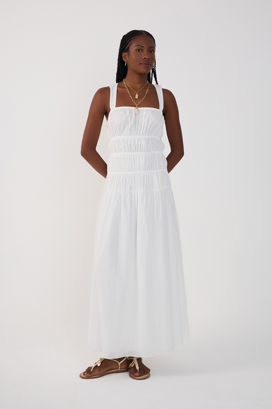 Off-White Smocked Square Neck Maxi Dress