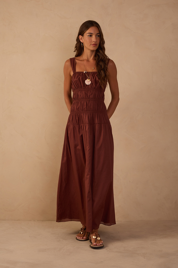 Brown Smocked Square Neck Maxi Dress