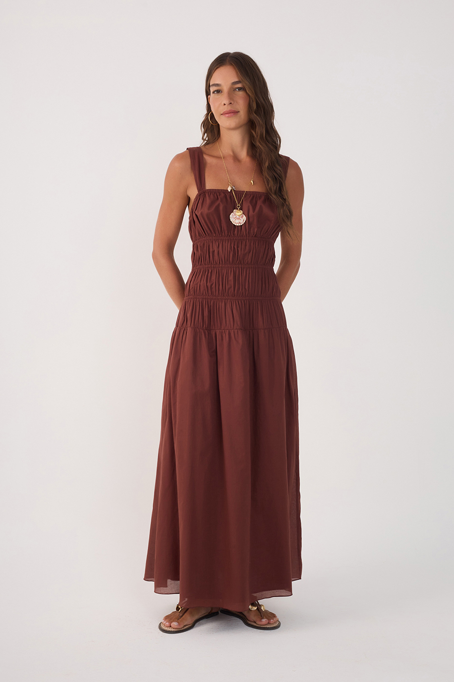Brown Smocked Square Neck Maxi Dress
