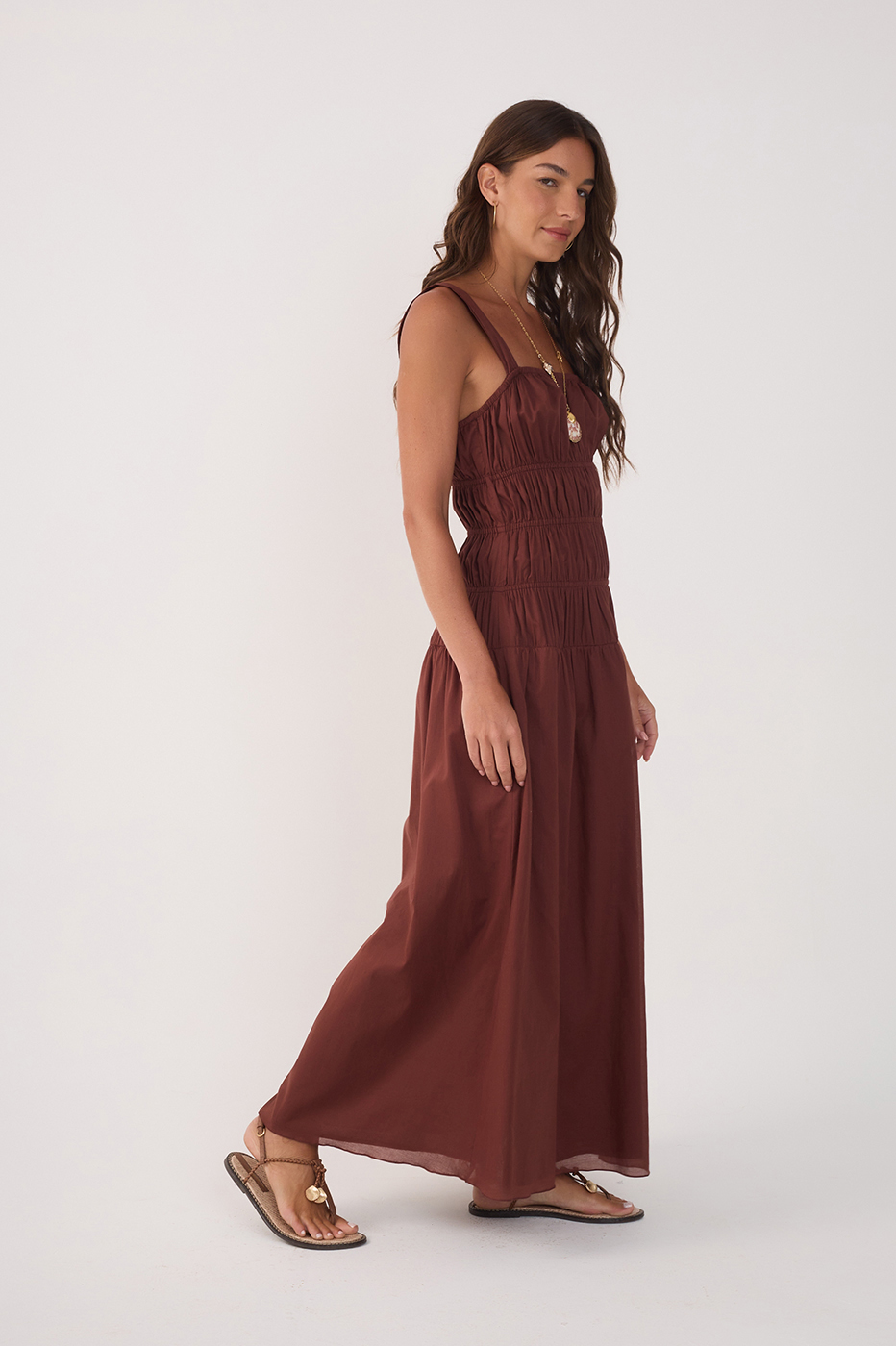 Brown Smocked Square Neck Maxi Dress