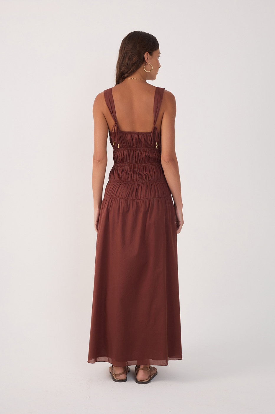 Brown Smocked Square Neck Maxi Dress