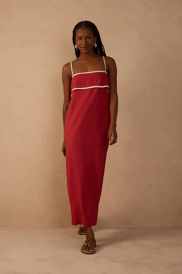 Red Flap Neckline Straps Midi Dress
