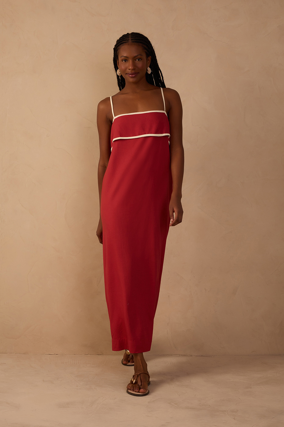 Red Flap Neckline Straps Midi Dress
