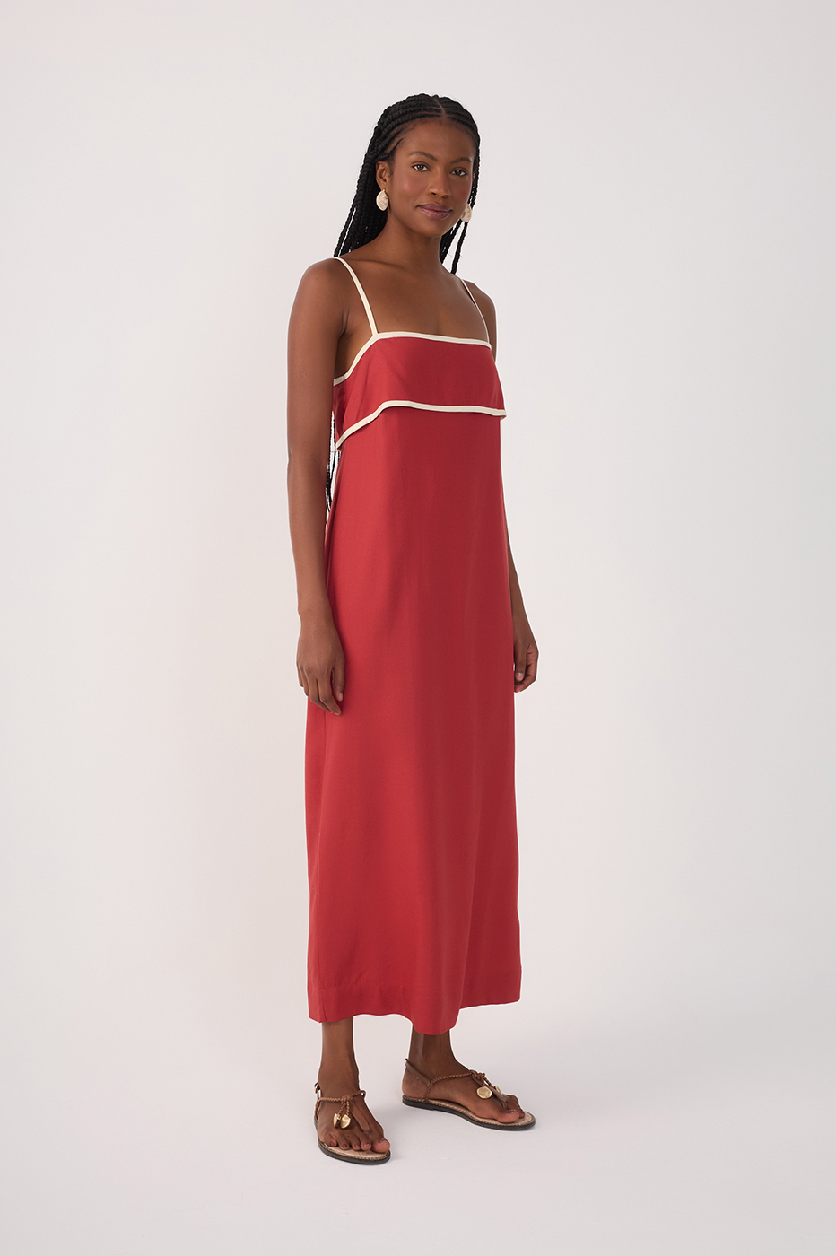 Red Flap Neckline Straps Midi Dress