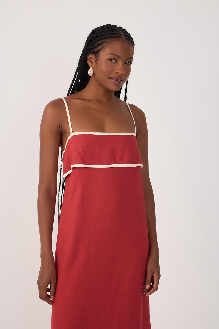 Red Flap Neckline Straps Midi Dress