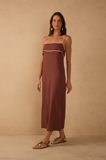 Brown Flap Neckline Straps Midi Dress