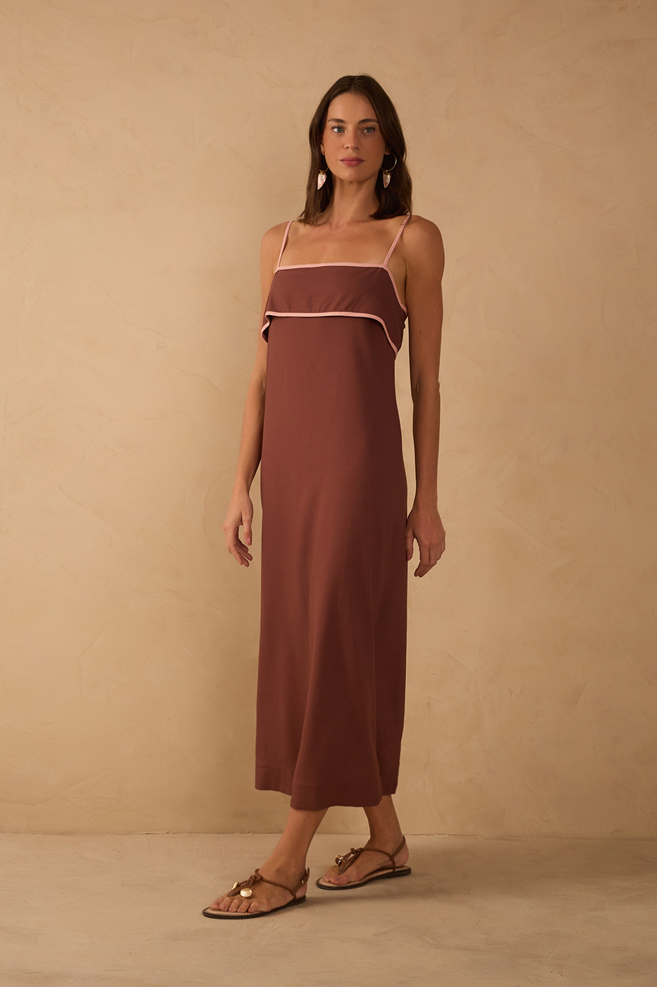 Brown Flap Neckline Straps Midi Dress
