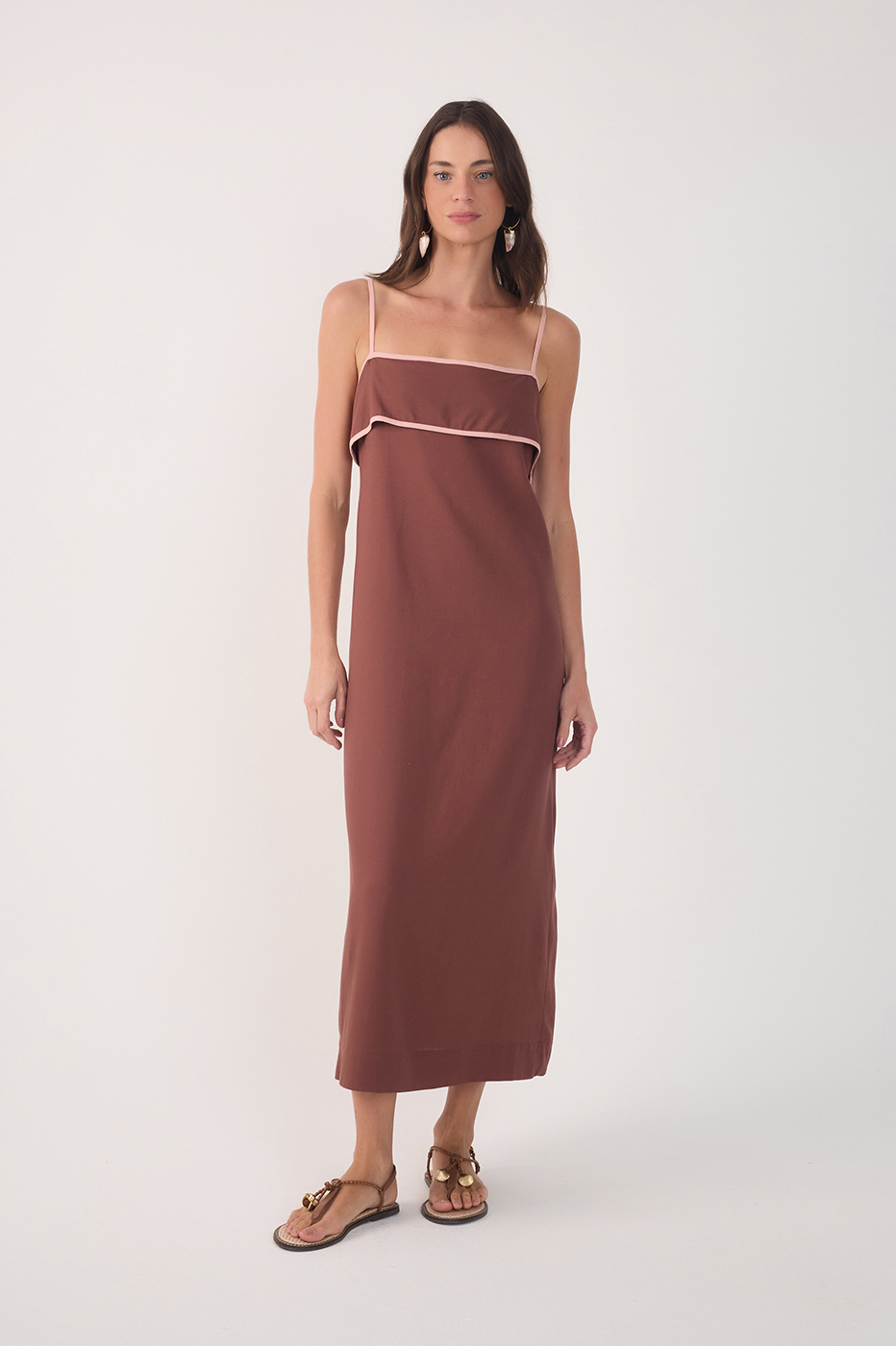 Brown Flap Neckline Straps Midi Dress