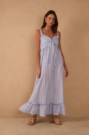 Blue Ruffled Neck Front Ties Maxi Dress