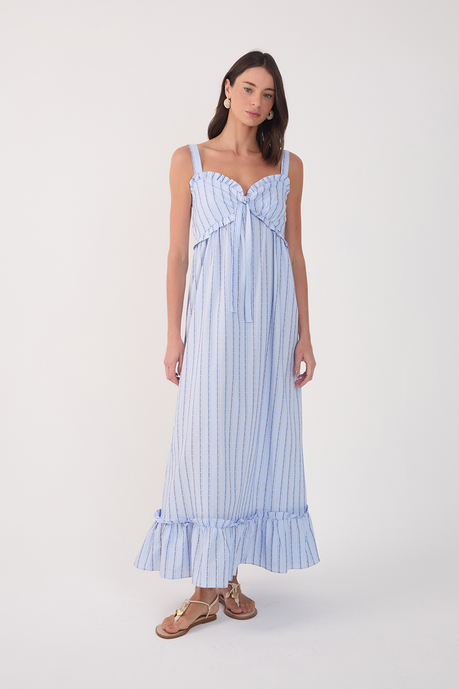 Blue Ruffled Neck Front Ties Maxi Dress
