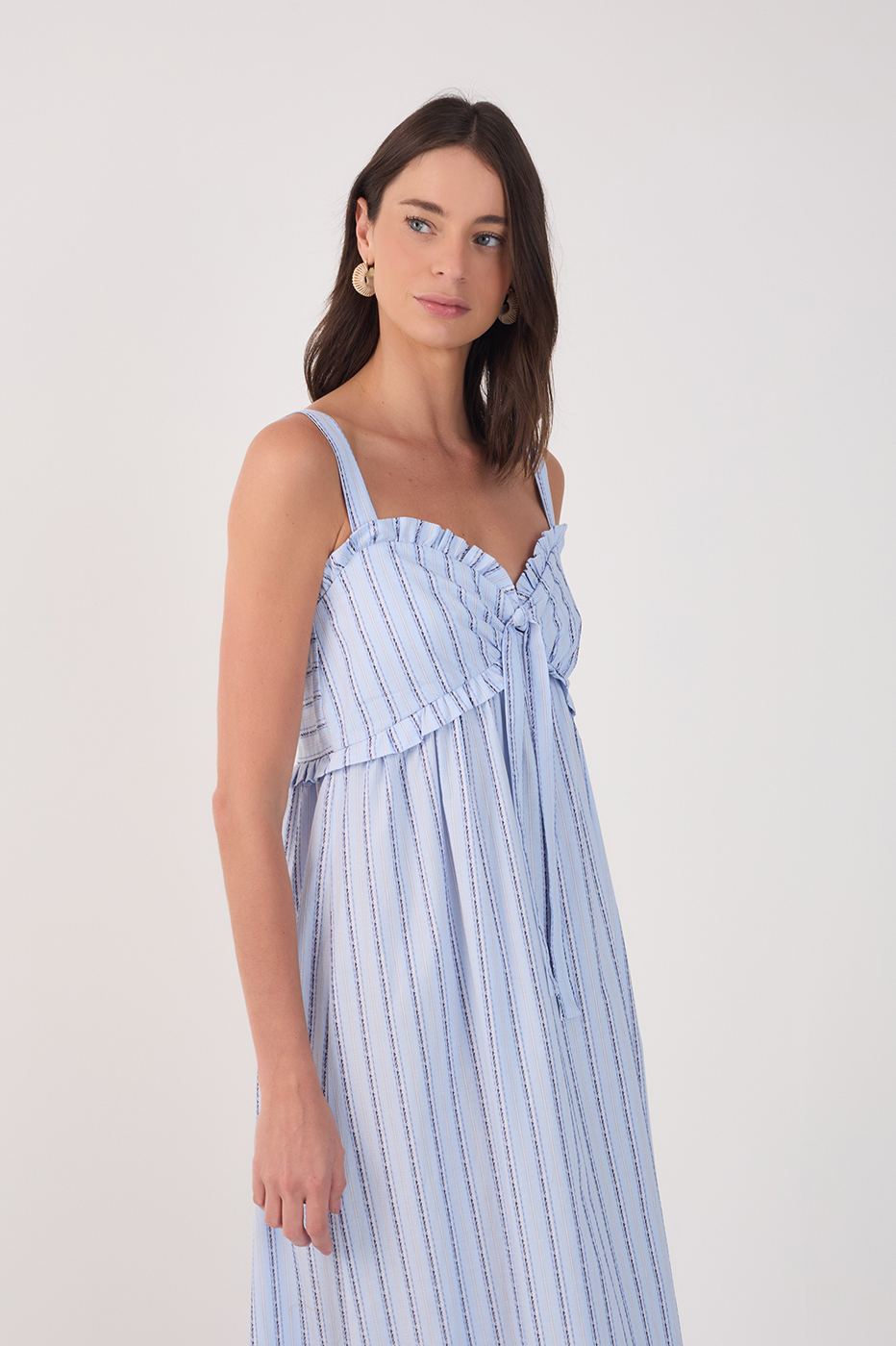 Blue Ruffled Neck Front Ties Maxi Dress