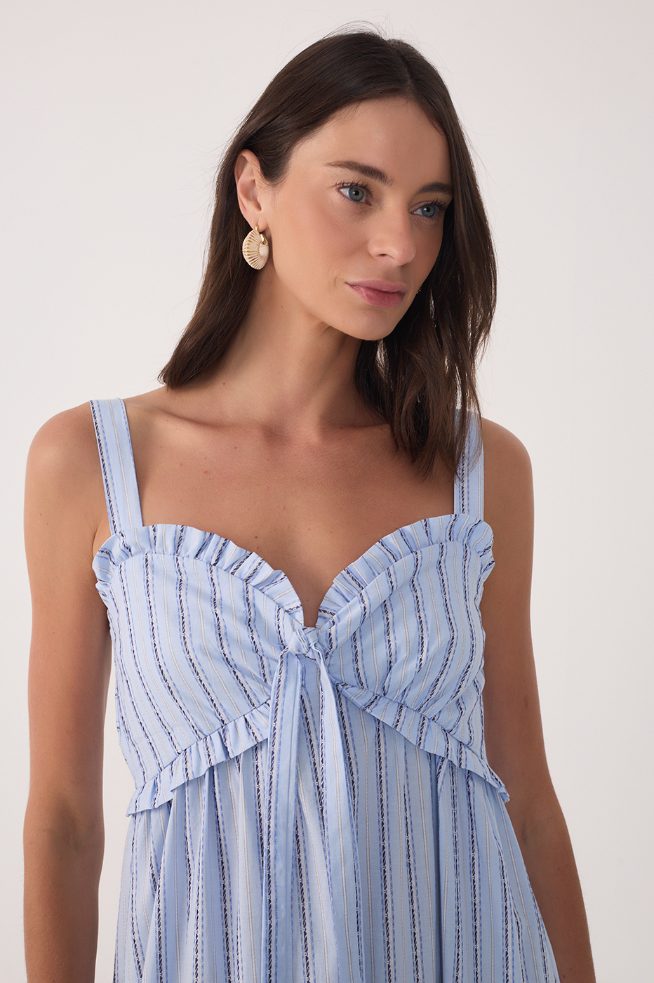 Blue Ruffled Neck Front Ties Maxi Dress