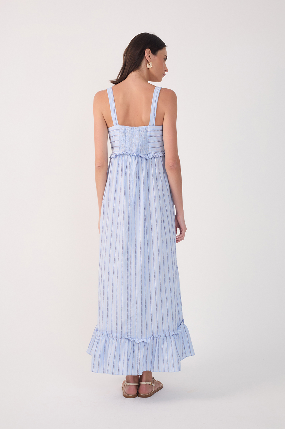 Blue Ruffled Neck Front Ties Maxi Dress