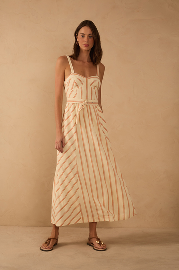 Beige Sweetheart Neck Belted Midi Dress