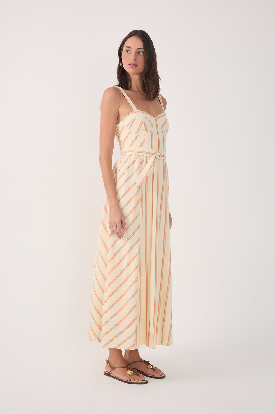 Beige Sweetheart Neck Belted Midi Dress