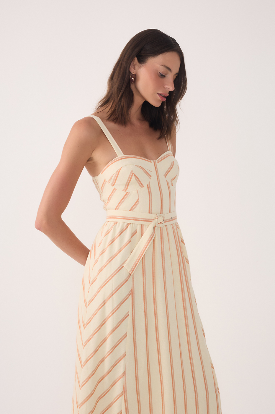 Beige Sweetheart Neck Belted Midi Dress