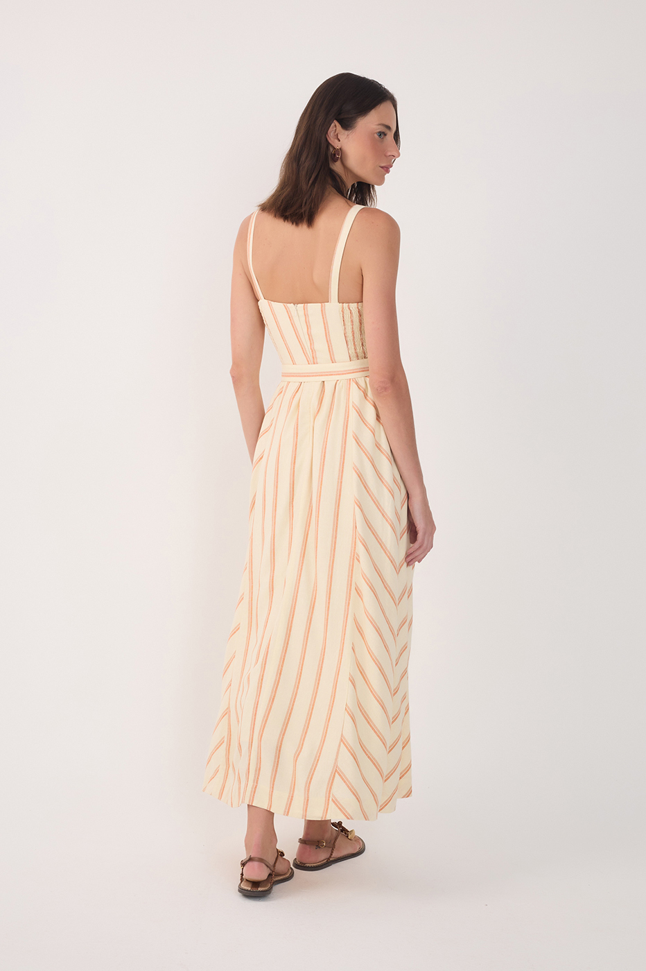 Beige Sweetheart Neck Belted Midi Dress