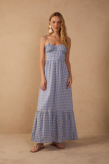 Blue Adjustable Neck Tiered Maxi Dress
