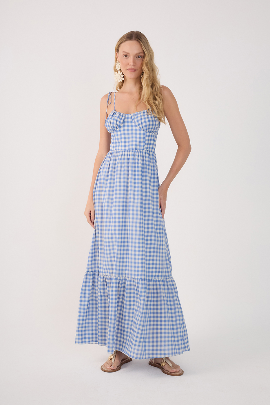 Blue Adjustable Neck Tiered Maxi Dress