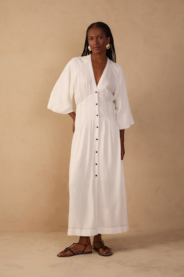 Off-White V Neck Buttoned Maxi Dress