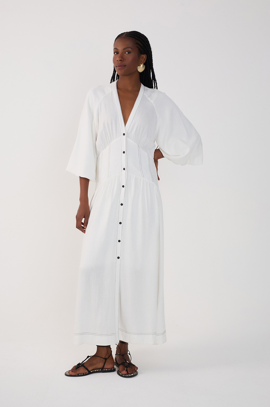 Off-White V Neck Buttoned Maxi Dress