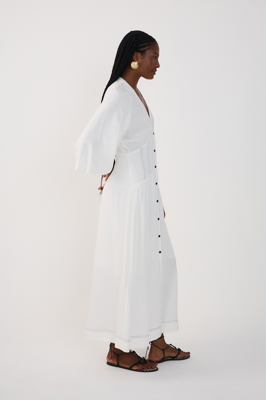 Off-White V Neck Buttoned Maxi Dress
