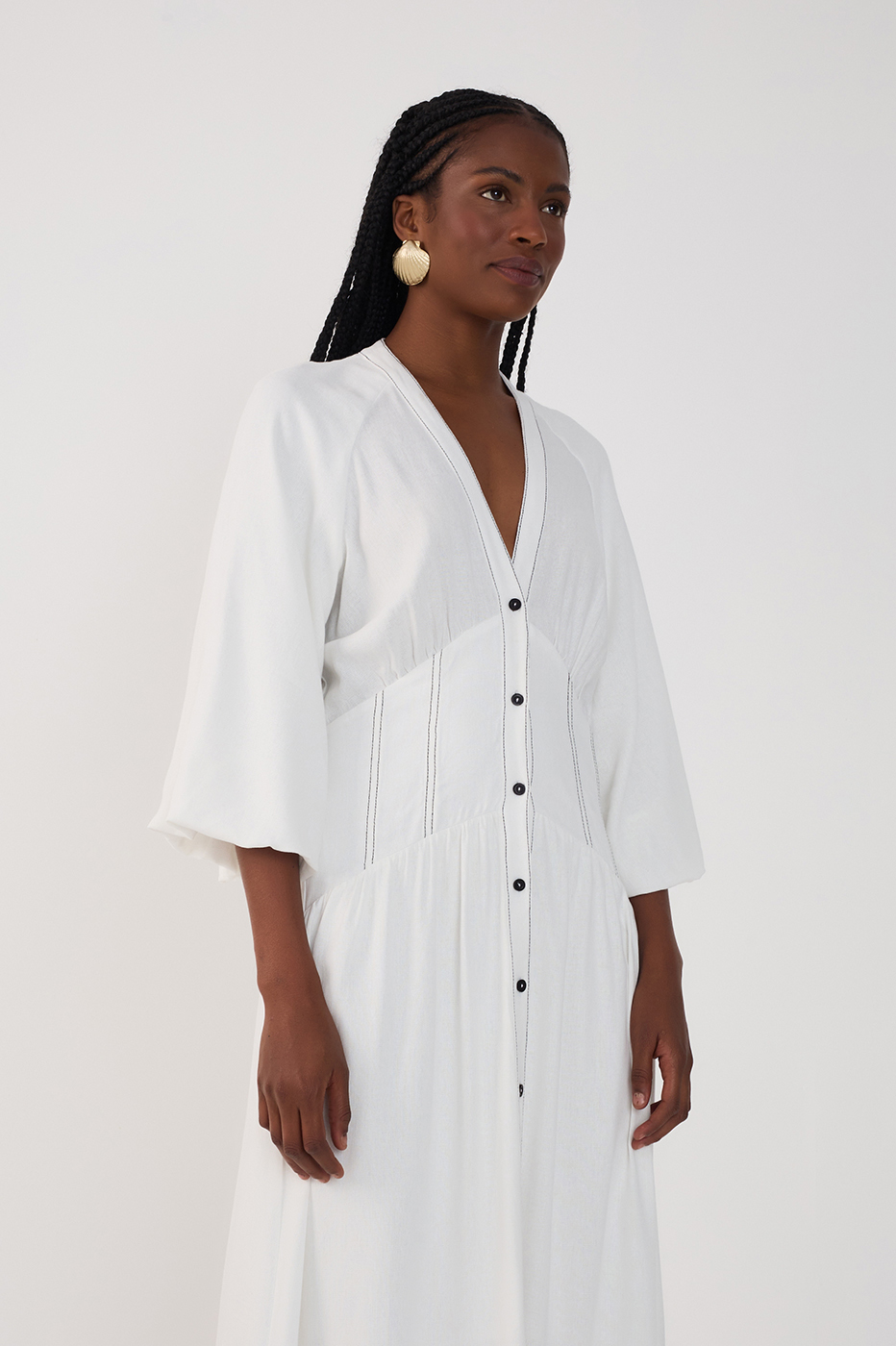 Off-White V Neck Buttoned Maxi Dress