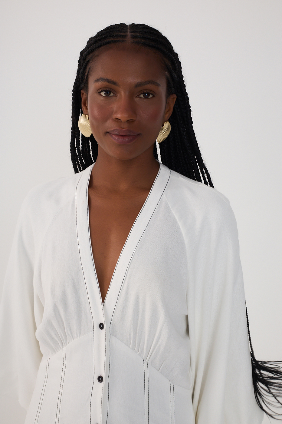 Off-White V Neck Buttoned Maxi Dress