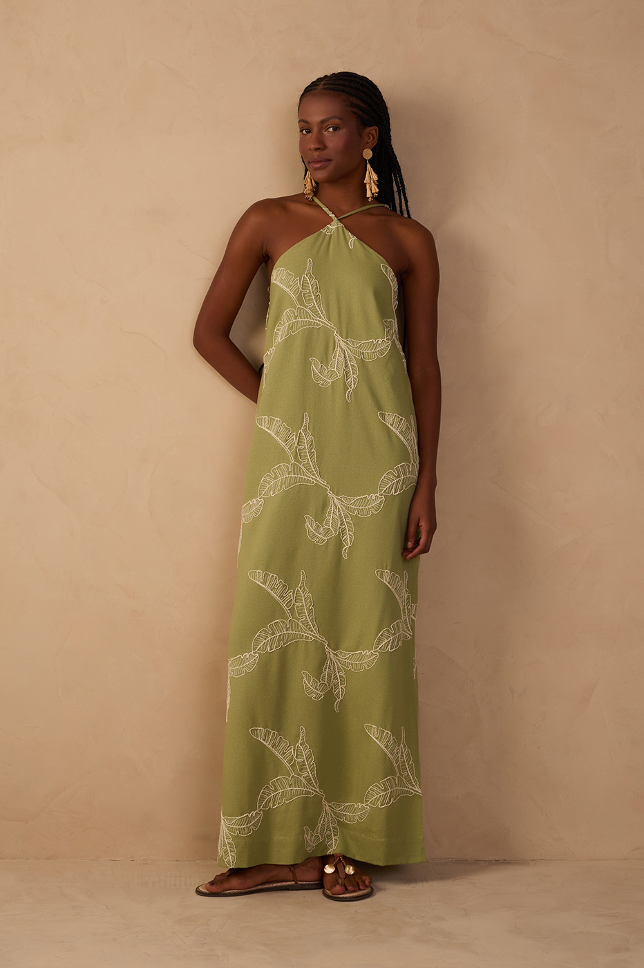 Green Halter Neck Embroidered Maxi Dress